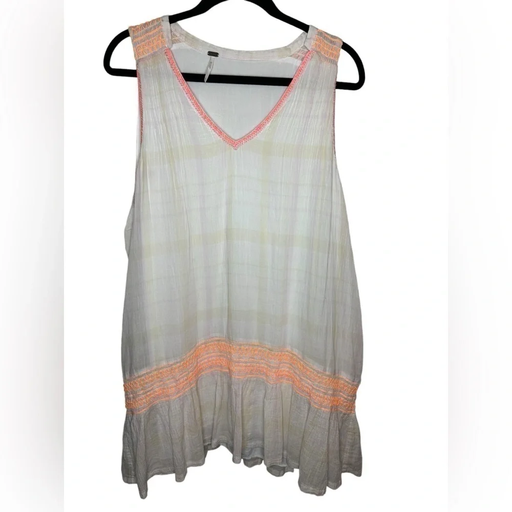 Free People Ivory Run With Me Plaid Mini Dress Size M Neon Orange Embroidery